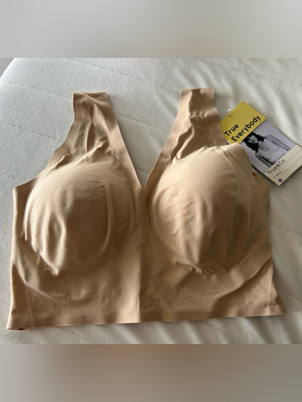True & Co. True Everybody V Neck Seamless Wireless Bralette in Light Nude Beige